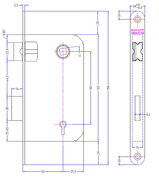 Serratura porta interna originale bonaiti patent 2001 modello 240 frontale 18x190 meccanica