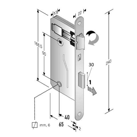 serratura meccanica patent grande per bagno wc libero occupato con doppio quadro 6x6 8/6 541T Bonaiti OKAY F240x22
