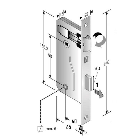 serratura meccanica patent grande per bagno wc libero occupato con doppio quadro 6x6 8/6 541P Bonaiti OKAY F240x22 frontale quadro quadrato