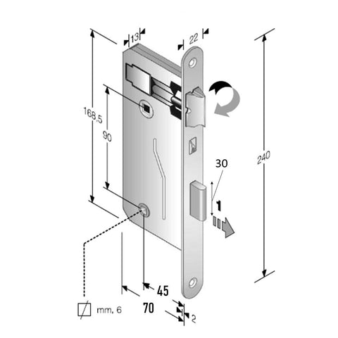 serratura meccanica patent grande per bagno wc libero occupato con doppio quadro 6x6 8/6 541T Bonaiti OKAY F240x22 entrata 45mm