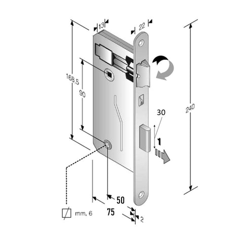serratura meccanica patent grande per bagno wc libero occupato con doppio quadro 6x6 8/6 541T Bonaiti OKAY F240x22 entrata 50mm