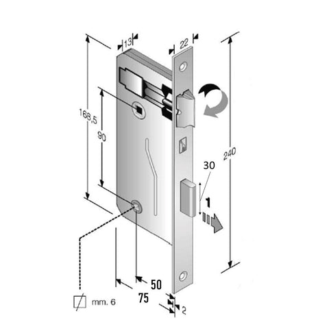 serratura meccanica patent grande per bagno wc libero occupato con doppio quadro 6x6 8/6 541P Bonaiti OKAY F240x22 frontale quadro quadrato Entrata 5cm e50