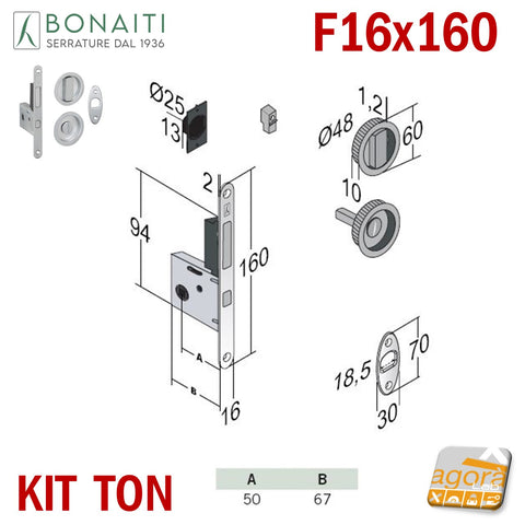 KIT SERRATURA PER PORTA SCORREVOLE BONAITI G500T F16X160 PER BAGNO (MONETA X WC LIBERO/OCCUPATO) MODELLO CON TIRANTE COMPLETO DI CONTROPIASTRA E MANIGLIE TONDE 4TH2105087 cromo satinato satinata TON