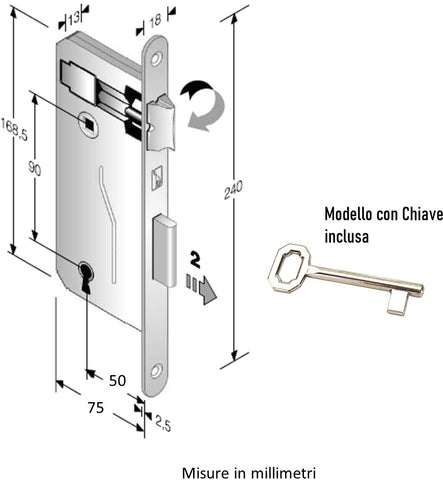 BONAITI DOOR LOCK 048T 48BT FRONT ROUND EDGE 240X18MM PATENT KEY WHEELBASE 9CM ENTRANCE 5CM