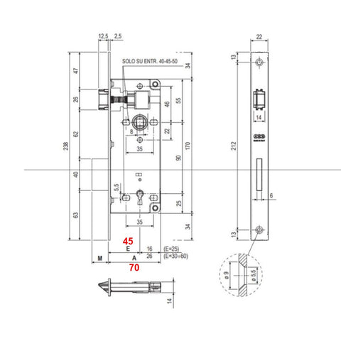 serratura a infilare reversibile sx dx per porte interne AGB originale ricambio chiave entrata 45mm interasse 9cm patent