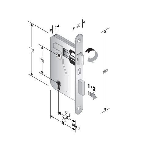 serratura porta interna patent piccola frontale tondo 20x190mm bonaiti 042T entrata 5cm interasse 7cm