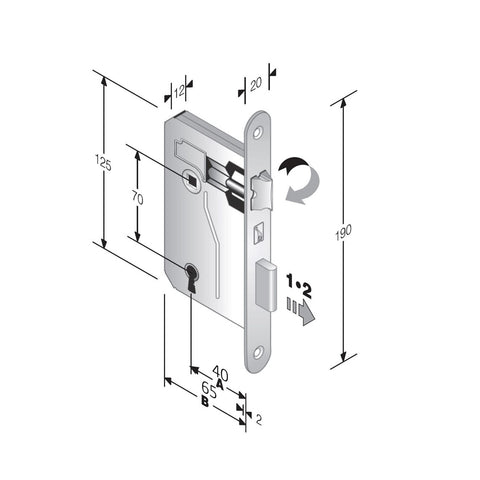 serratura patent piccola frontale tondo 20x190mm e40 interasse 70 chiave patent bonaiti ENTRATA 4CM OTTONE