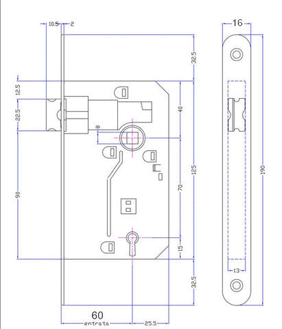technical drawing bonaiti internal door lock block 60mm front entrance 16x190