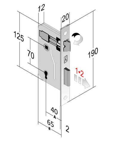 small patent lock bonaiti square front 20x190mm bronze entry at 40 center distance 70