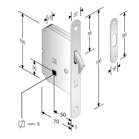 Bonaiti mechanical lock f22x190mm 19cm E50 model S 64 for sliding doors chest bathroom square 8mm satin chrome