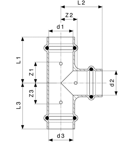 Drawing of hydraulic press fittings prestabo viega female tee female tee FF model 1118