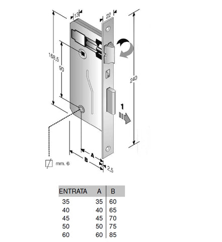 Rectangular square edge lock 240x22 bathroom Bonaiti 041P -41BP