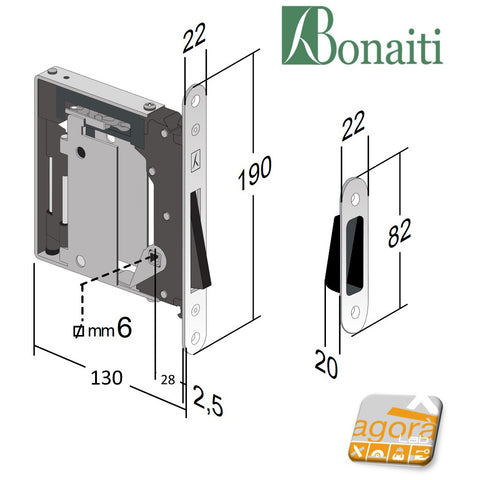 DRAWING DIAGRAM OF THE BONAITI MAGNETIC DOOR LOCK FOR FLUSH-WALL DOORS WITHOUT HANDLE EFFECT