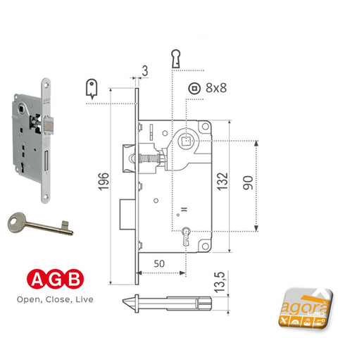 serratura porta interna agb centro patent piccola frontale 196x18mm chiave 11 argento meccanica catenaccio e scrocco tutta in metallo 0 001 9690