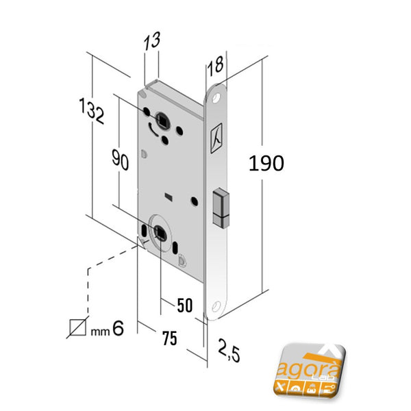 serratura porta magnetica bonaiti smart D61 bagno wc frontale 190x18mm doppio quadro 8x8 e 6x6 entrata 50 interasse 90
