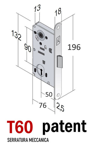 Door lock T60 Bonaiti B-BITTER Patent Front 18x196 mm Key