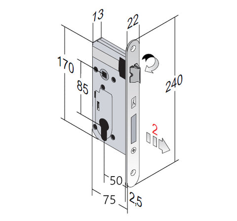 DOOR LOCK BONAITI C22T F240X22MM YALE CYLINDER INPUT 50MM DISTANCE 85MM MECHANICAL