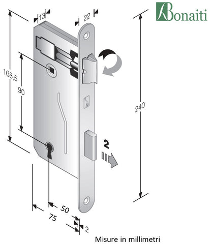 internal door lock brass front round 22x240mm key entry 50mm center distance 90 540T bonaiti