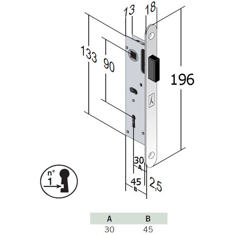 SERRATURA PER PORTE INTERNE CHIAVE NORMALE PATENT B FIVE BONAITI F10 FRONTALE 196X18MM ENTRATA 3CM INTERASSE 9CM