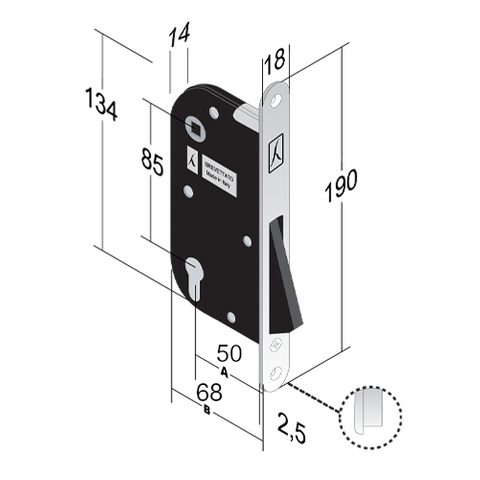 lock for external door with Yale Bonaiti cylinder front 18x190 black satin chrome b-one 909 backset 50mm