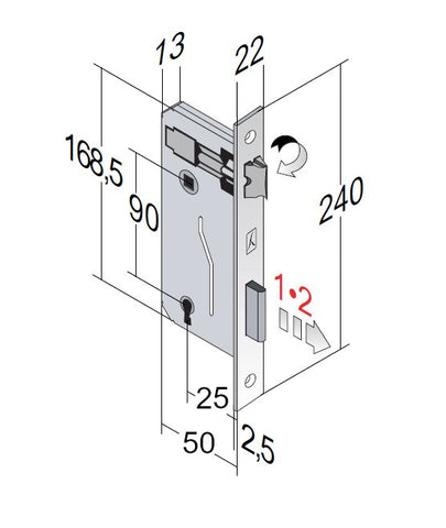 Serratura porta interna Patent Grande Bonaiti 040BP bordo rettangolare quadrato frontale 22x240mm entrata 25mm i9cm