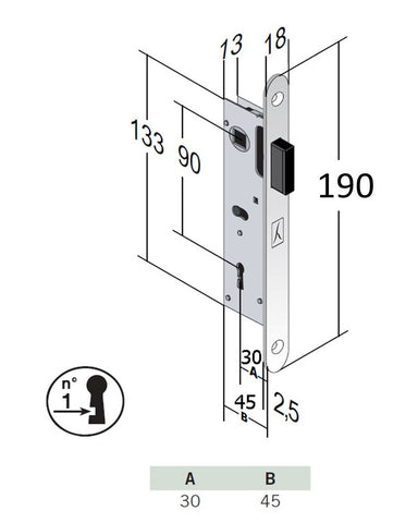 serratura porta interna magnetica bonaiti b-five five frontale 190x18 19cm 18x190 entrata 3cm 30mm chiave patent F00 Five