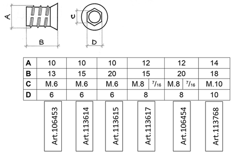 TECHNICAL DIAGRAM OF ZAMAK BUSHES FOR WOOD PANELS BUSHES MOBILE JOINTS M6 M8 L13 15 20 25 WOOD