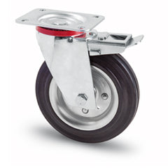 swivel wheel with brake and bolt-on steel plate black rubber 125