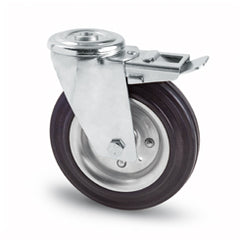 very sturdy large wheel with brake and through axle with screw hole, 125mm black rubber