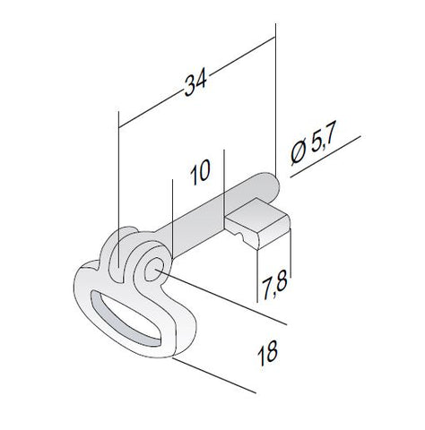 chiave per serrature porte scorrevoli pieghevole cf 8 bonaiti 1091C lunghezza 34mm 3,4cm patent