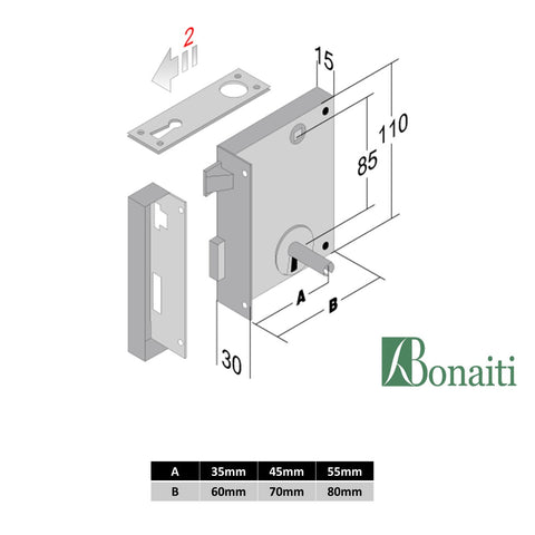 Serratura portoncino apertura verso sinistro destro 185 bonaiti mm 15x110x60 110x70 110x80 bronzo chiave lunga