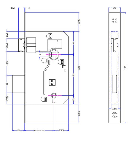 disegno tecnico serratura bonaiti patent piccola interasse 7cm frontale rettangolare 20x190mm