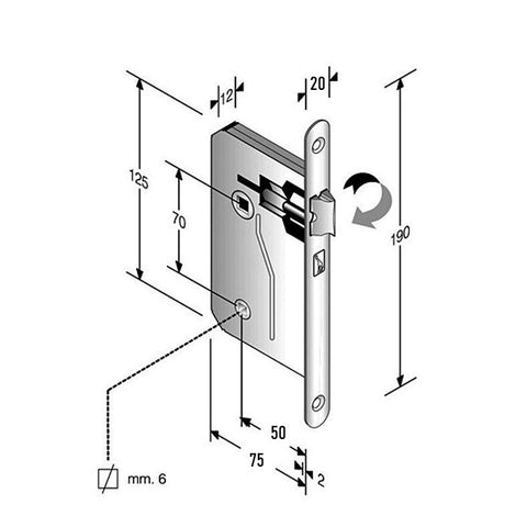 internal door lock new original Bonaiti BLOCK model BATHROOM WC COIN FREE-BUSY front 20x190mm entry 50mm center distance 70 with only metal latch at the top