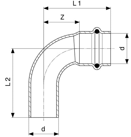 Disegno dimensioni raccordi a pressare prestabo viega curve 90 gradi maschio femmina MF a pinzare