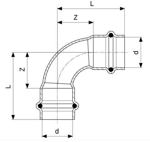 Drawing dimensions press fittings prestabo viega bends 90 degrees female female ff