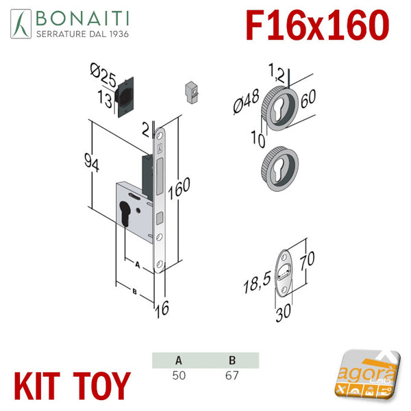 Bonaiti easy TOY lock kit f 16x160mm 50mm backset for sliding casket locks complete with handles and rosettes for Yale cylinder with integrated tie rod