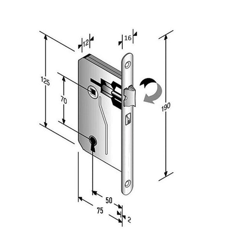 serrature per porte interne vecchie ricambio bonaiti block frontale F 16x190mm cromo satinata cromata entrata 50mm interasse 70mm corpo 75x125 sp12 modello 86