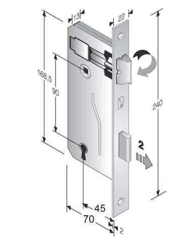 Interior door lock patent key rectangular front 22x240mm 540BP 540P Bonaiti 24cm Bronzed Entry 45 patent E45mm Center distance 90mm OKAY