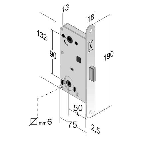 SERRATURA PORTA MAGNETICA B-FORTY BONAITI N61 WC BAGNO FRONTALE 18X190MM E50 I90 schema tecnico dimensionale  quadro 8mm quadro in basso 6x6mm 48N6105093 48N610509E