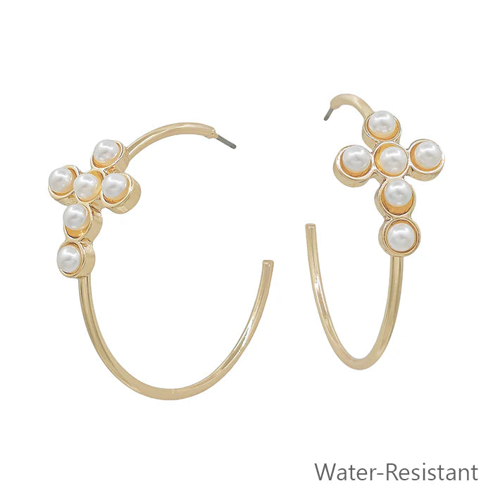 Water Resistant Gold Hoop with Pearl Beaded Cross