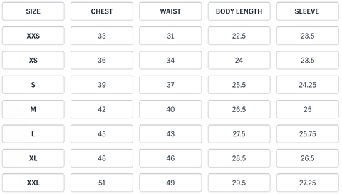 CPO JACKET SIZE CHART