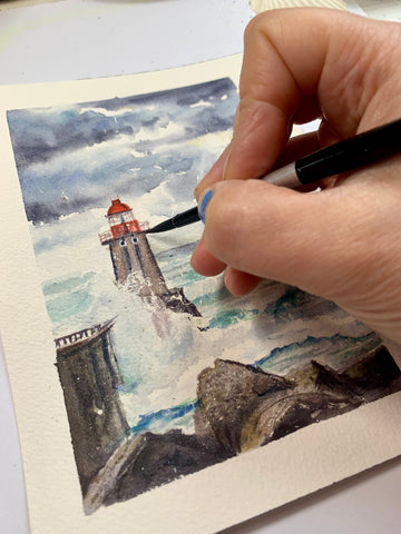 lighthouse watercolor painting, adding details