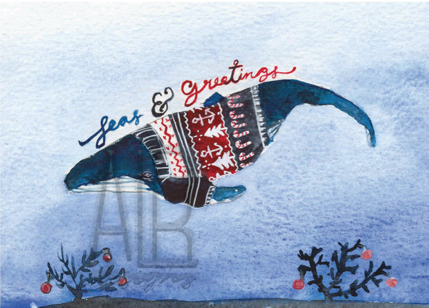 Christmas Mermaid & Whale 8x10 & 5x7 Fine Art Print – ALR Designs