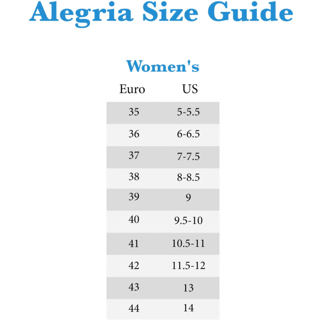 Alegria Size Chart Women