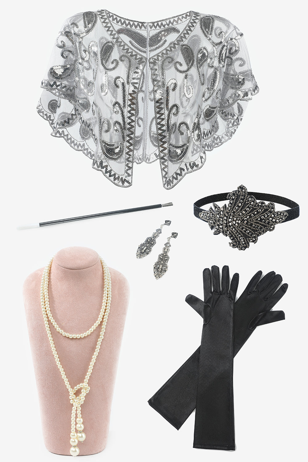 Syv stykker halskæde handsker 1920'erne Fest tilbehør sæt