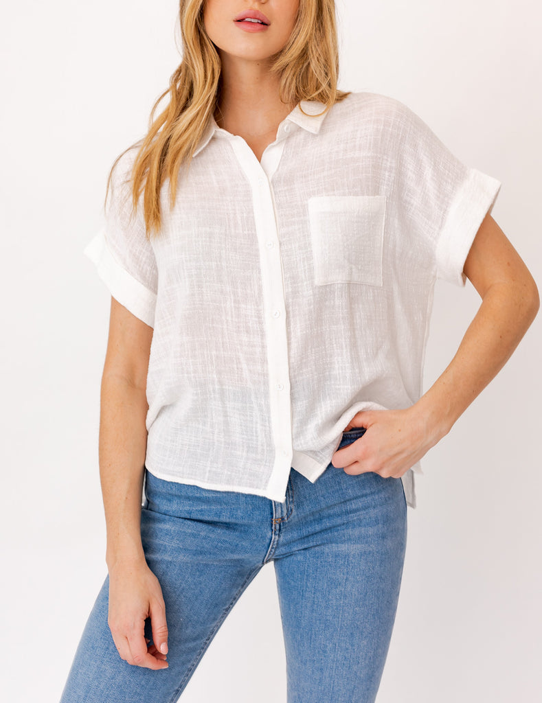 Play It Cool Short Sleeve Button Down Blouse In Ivory
