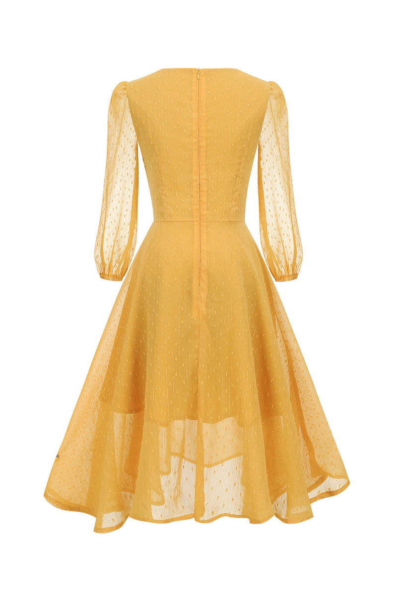Zapaka Kobiety Żółta sukienka retro Fałszywa dwuczęściowa ażurowa bluza  bufiasta z rękawem Vintage Dress – ZAPAKA PL