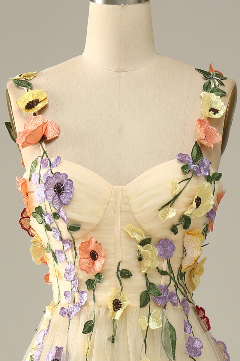 Załaduj obraz do przeglądarki galerii, Szampańskie Cienkich Ramiączkach Sukienka Na Studniówkę z Kwiatami 3D
