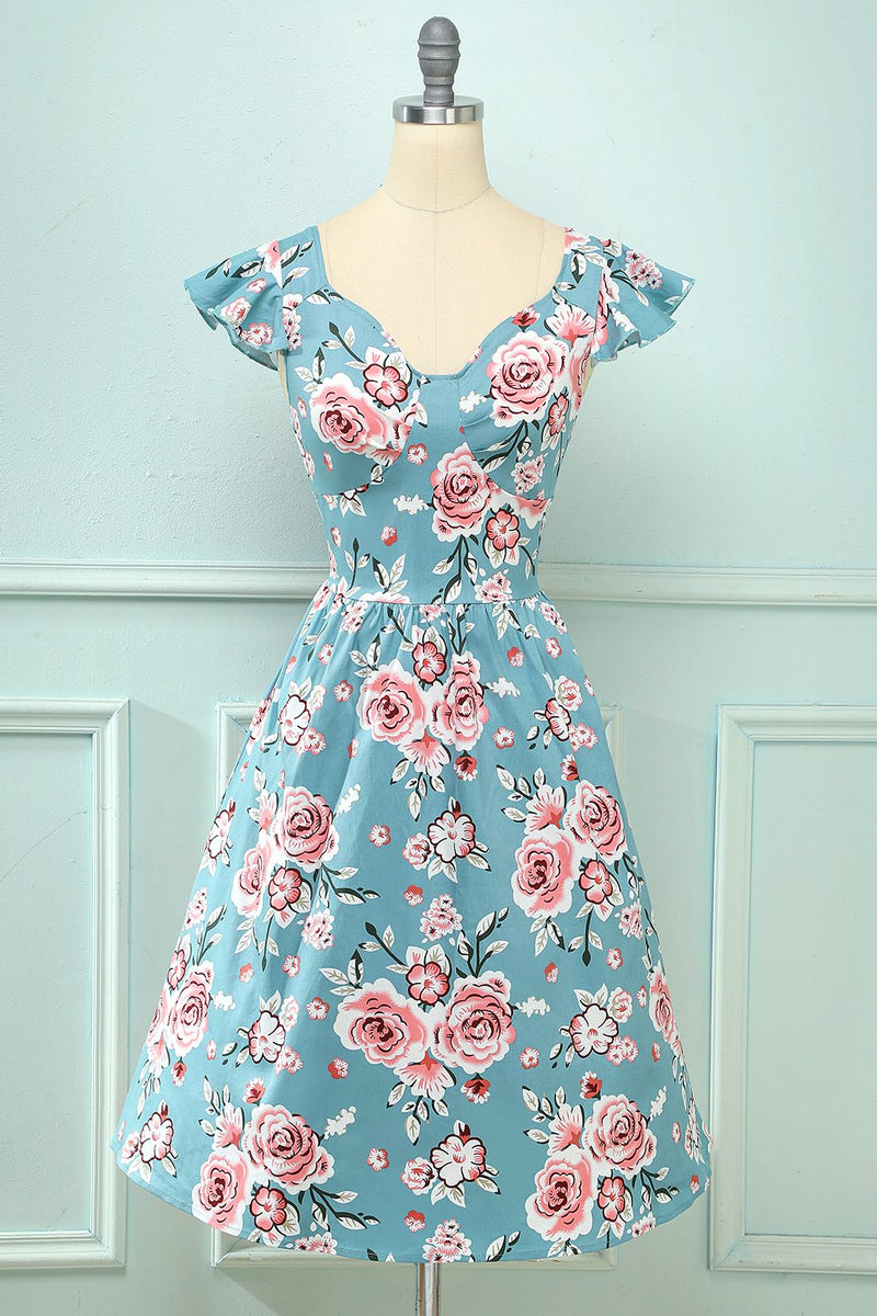 Zapaka kobiety Niebieski kwiatowy vintage sukienka dekolt falbany 1950  sukienka – ZAPAKA PL