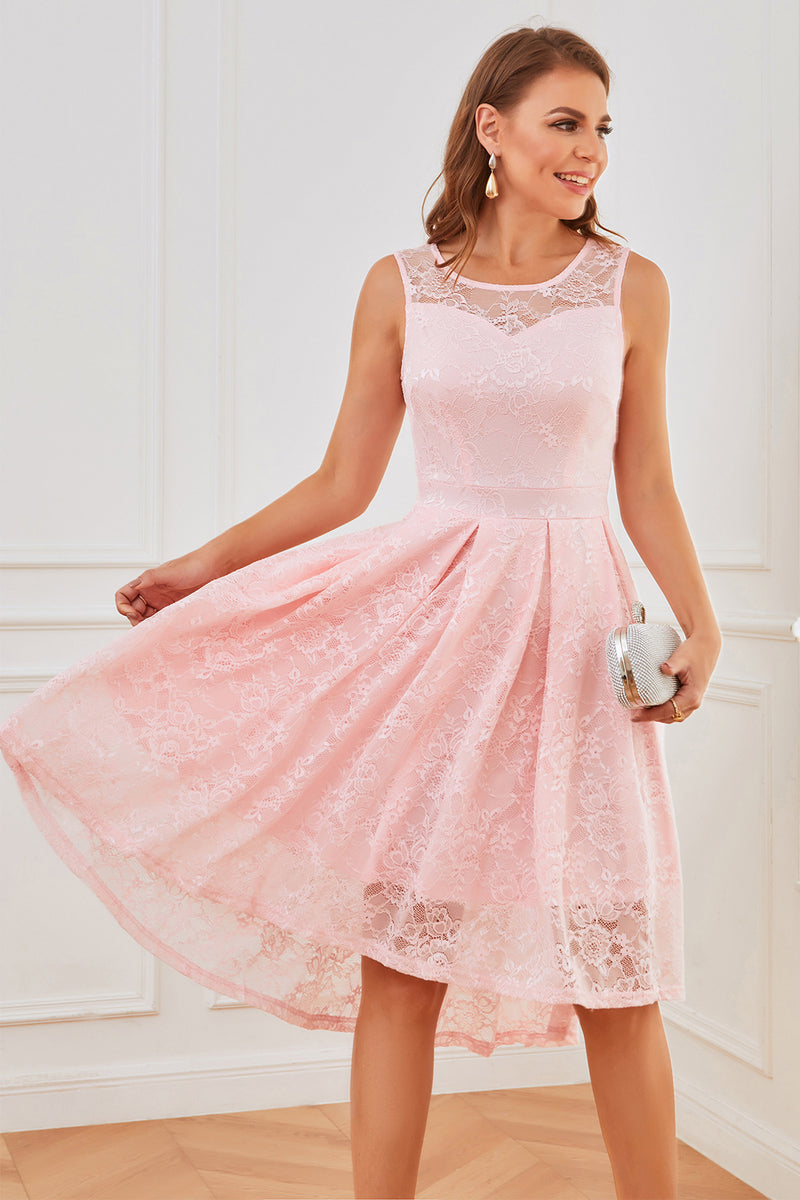 Zapaka kobiety różowy rękaw koronkowy sukienka linia okrągły dekolt druhna  sukienka – ZAPAKA PL